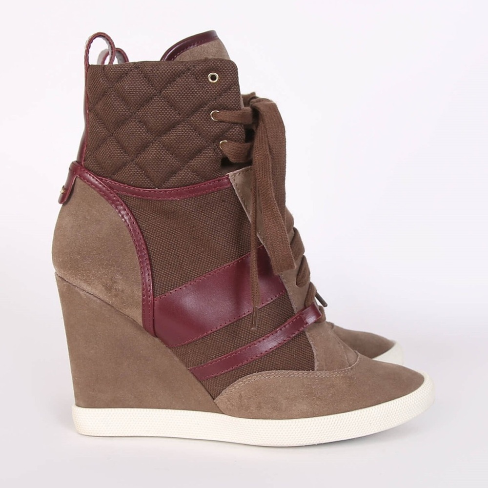 CHLOÉ Kasia Suede & Canvas Wedge High Top Sneakers Brown